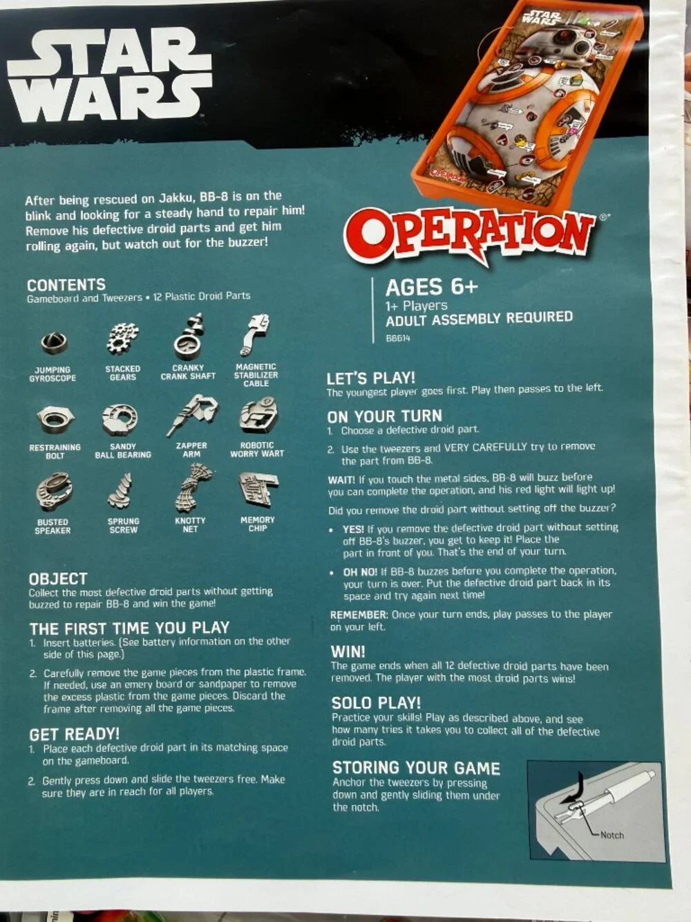 Star Wars BB-8 Operation Board Game Hasbro Complete - pre owned